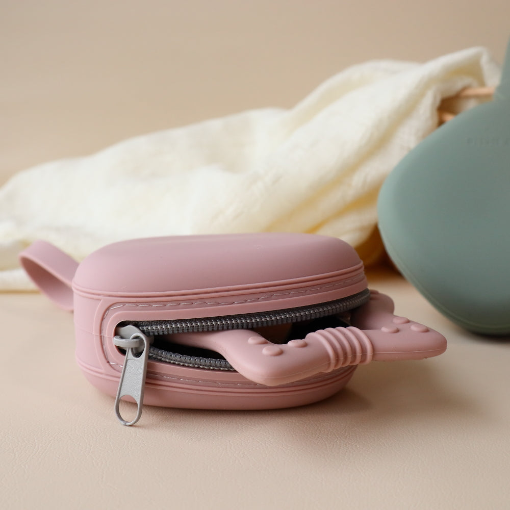 Pink Teething toy in travel case