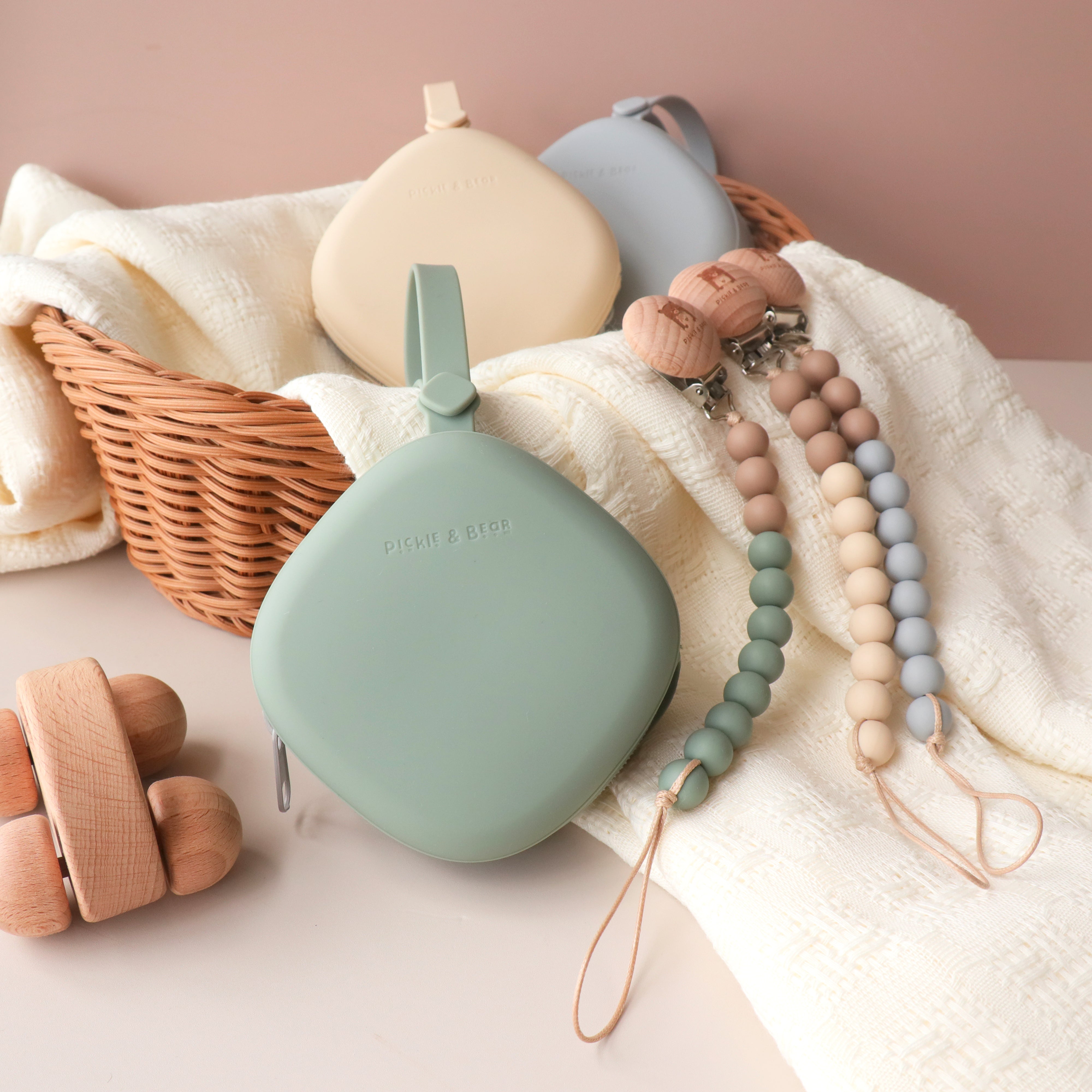 baby dummy travel set soft olive