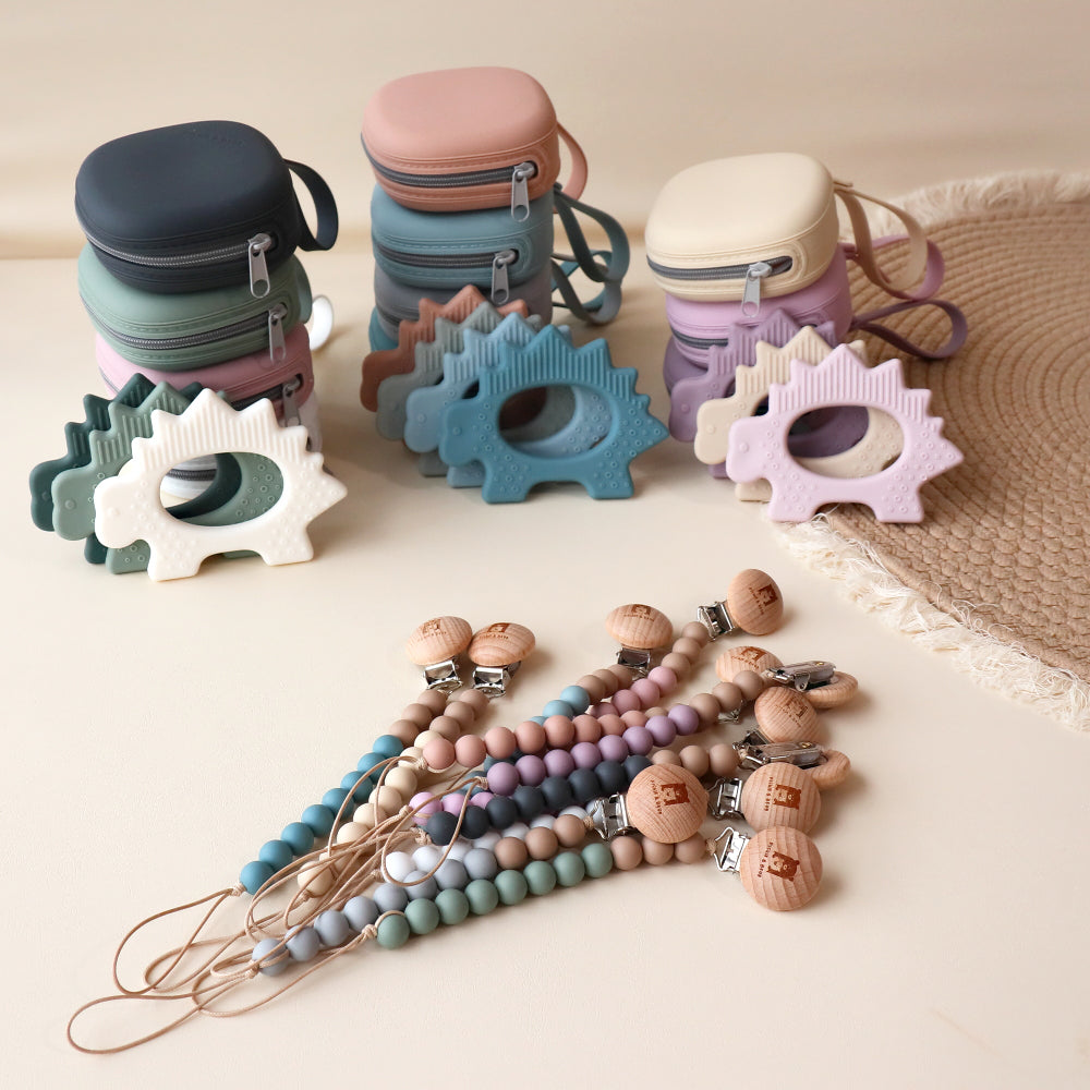 pacifier travel set with dinosaur teething toy