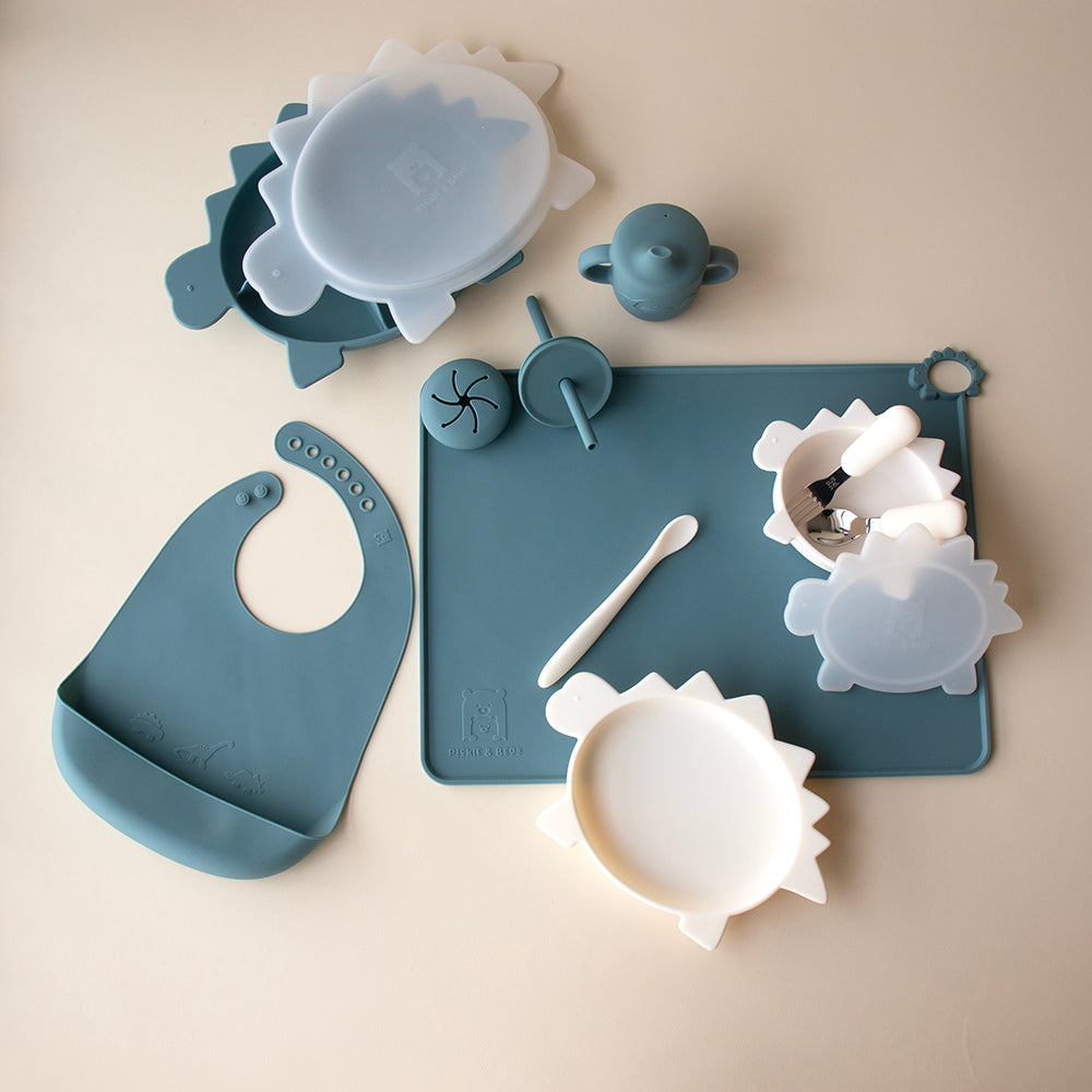 pickle and bear dino table dinner set smoke blue marshmallow