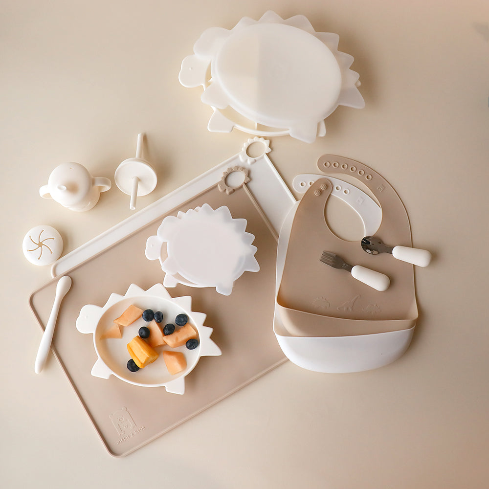 Pickle and Bear Dinosaur Baby Tableware Set in White