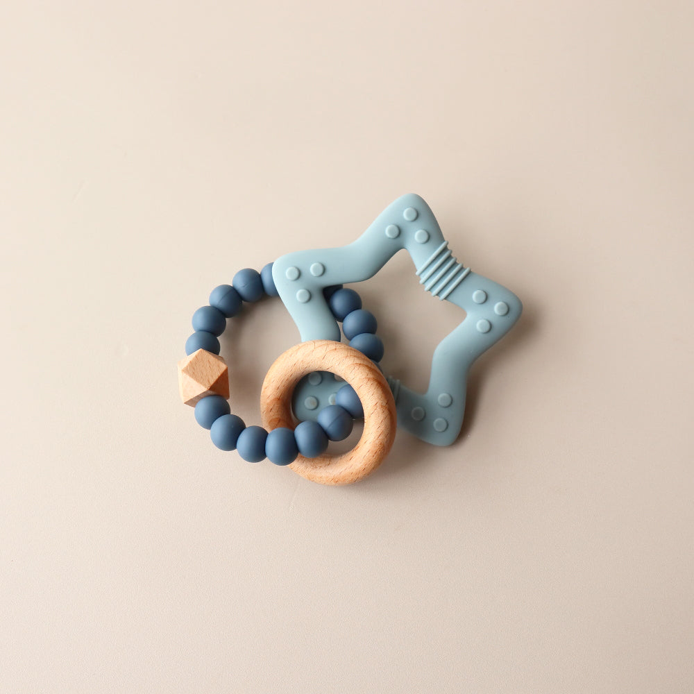 baby blue teething ring star beads wood