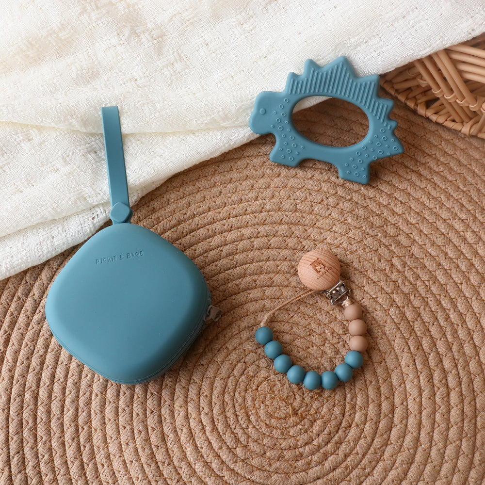 baby pacifier travel set with dinosaur teething toy smoke blue
