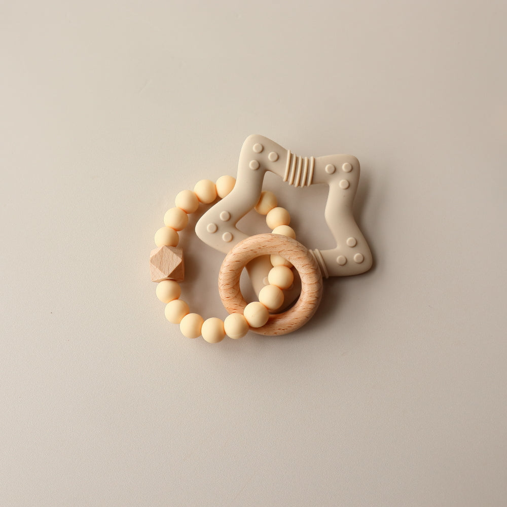 baby teething ring silicone star beads beige