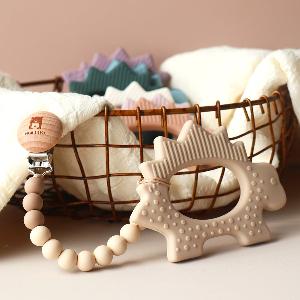 teething toy on dummy clip oatmeal mist